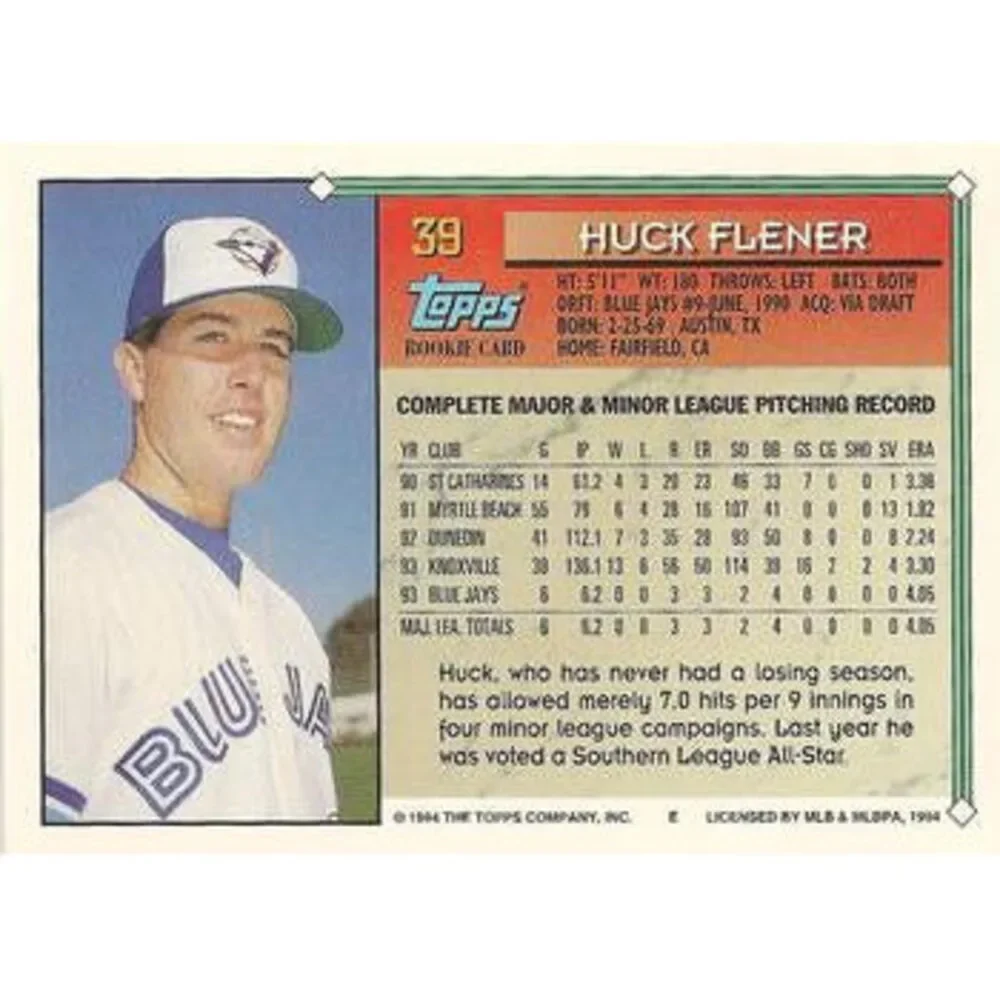 1994 Topps Huck Flener RC # 39 Toronto Blue Jays